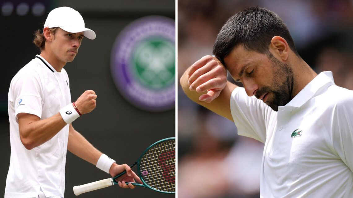 Split image of Alex de Minaur of Australia celebrates as he plays against Arthur Fils of France in his Gentlemen's Singles fourth round match durin...