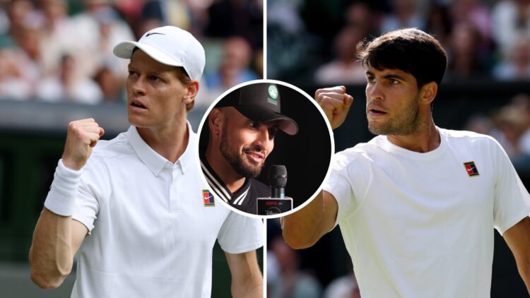 Jannik Sinner (L) celebrates a point at Wimbledon, Nick Kyrgios (M) interviewed during the ESPN on Disney+ launch party, Carlos Alcaraz (R) celebra...
