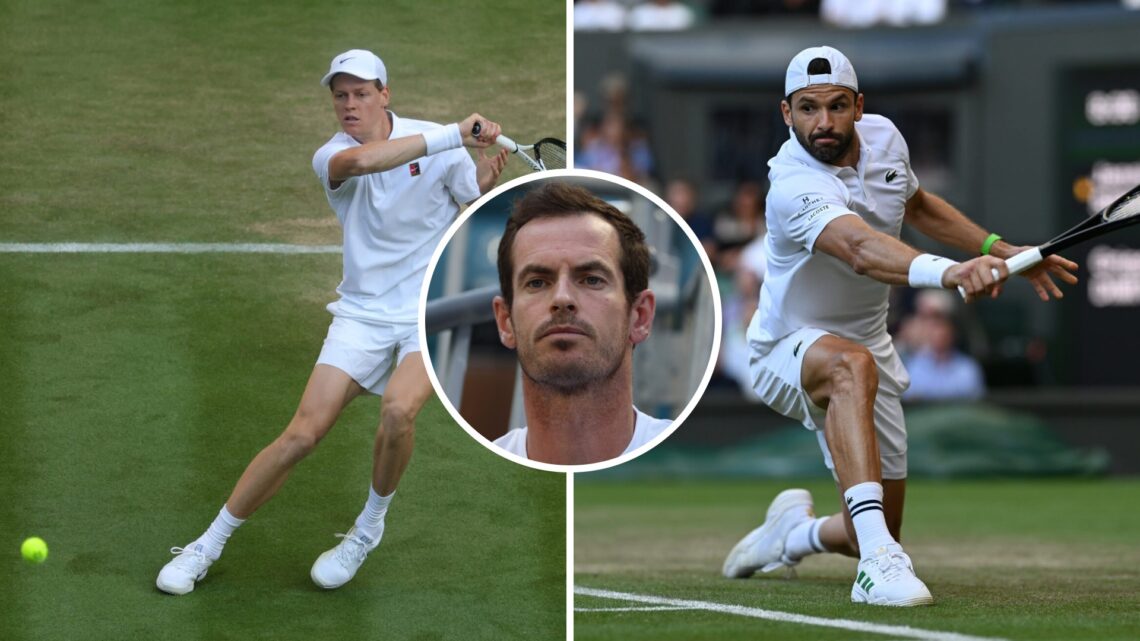 Split image of Jannik Sinner of Italy plays a forehand against Grigor Dimitrov of Bulgaria during the Gentlemen's Singles fourth round match on day...