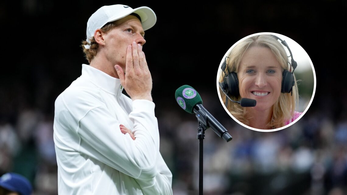 Jannik Sinner (L) speaking after his match with Grigor Dimitrov at Wimbledon, Tracy Austin (R) with BBC Radio Five Live.