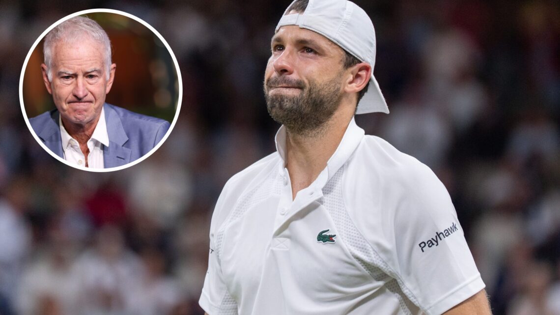 Grigor Dimitrov of Bulgaria is crying after he retired during Day Eight of The Championships Wimbledon 2025 at All England Lawn Tennis and Croquet ...