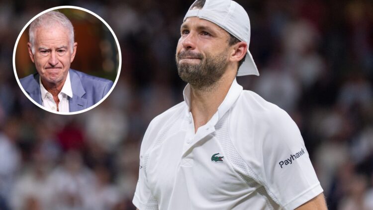 Grigor Dimitrov of Bulgaria is crying after he retired during Day Eight of The Championships Wimbledon 2025 at All England Lawn Tennis and Croquet ...