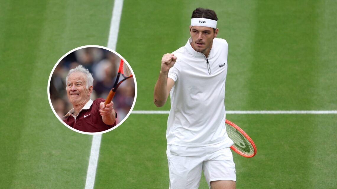 Main: Taylor Fritz overcomes Jordan Thompson at Wimbledon and Inset: John McEnroe