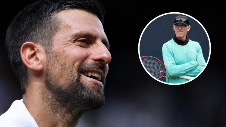 Novak Djokovic (left) smiles and Brad Gilbert (right) in a circle overlay