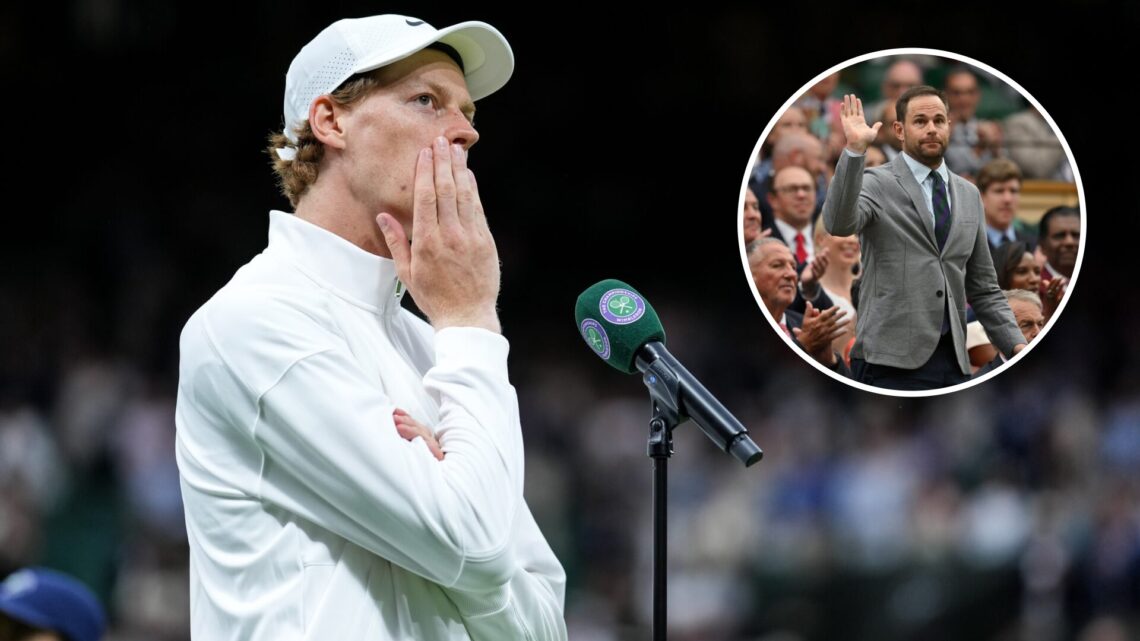 Jannik Sinner speaks on Centre Court at Wimbledon 2025, inset Andy Roddick waves to the crowd at Wimbledon 2025