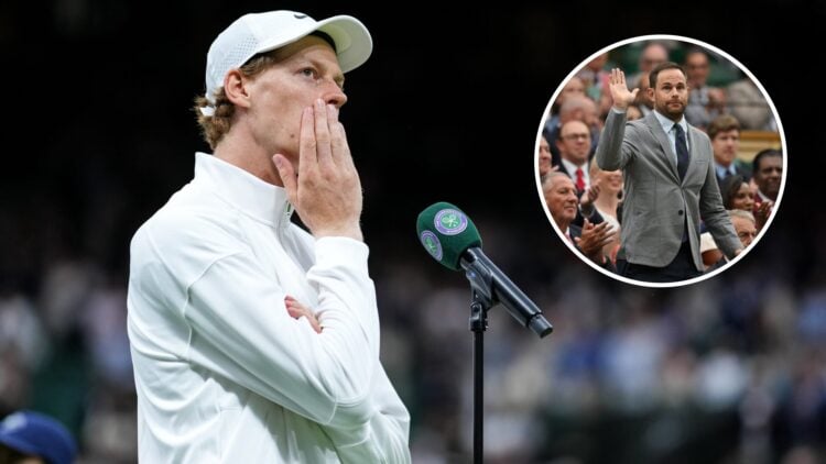 Jannik Sinner speaks on Centre Court at Wimbledon 2025, inset Andy Roddick waves to the crowd at Wimbledon 2025