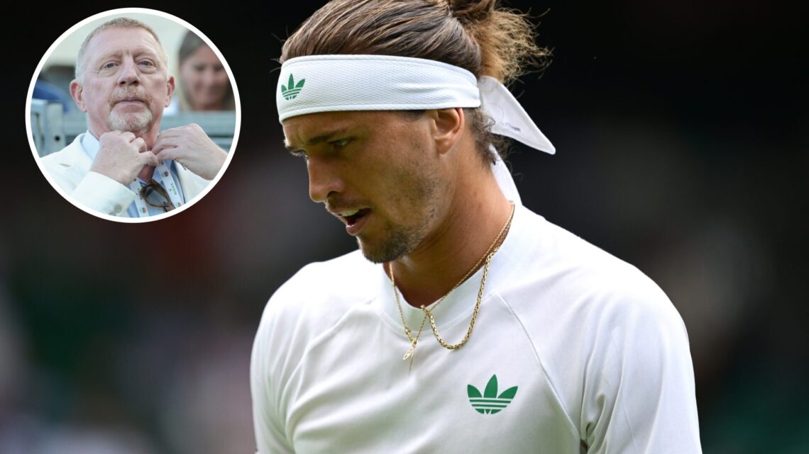 Alexander Zverev of Germany reacts against Arthur Rinderknech of France on day two of The Championships Wimbledon 2025 at All England Lawn Tennis a...