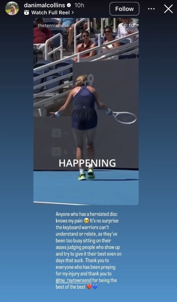 Danielle Collins posts a message on her Instagram story explaining why she was crying at the Cincinnati Open.