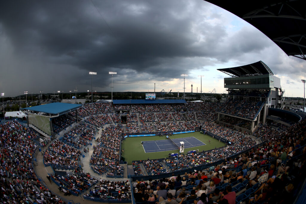 An overhead shot of the main show court at the 2024 Western and Southern Open