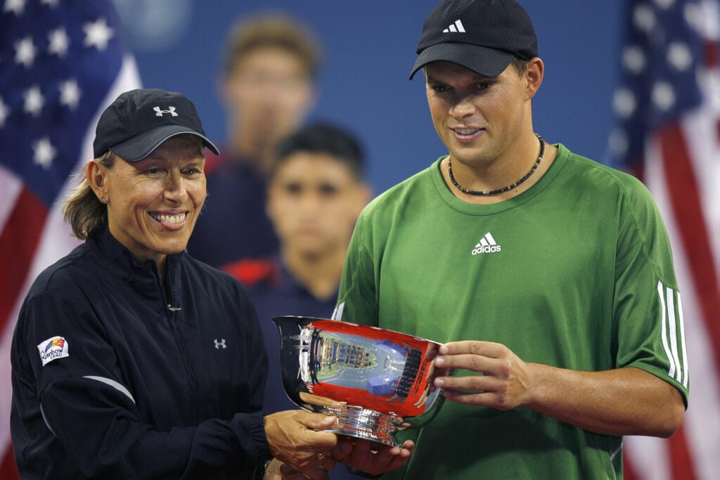 Martina Navratilova and Bob Bryan win the mixed doubles final against Kveta Peschke and Martin Damm at the 2006 US Open at the USTA National Tennis Center in Flushing Queens, New York.