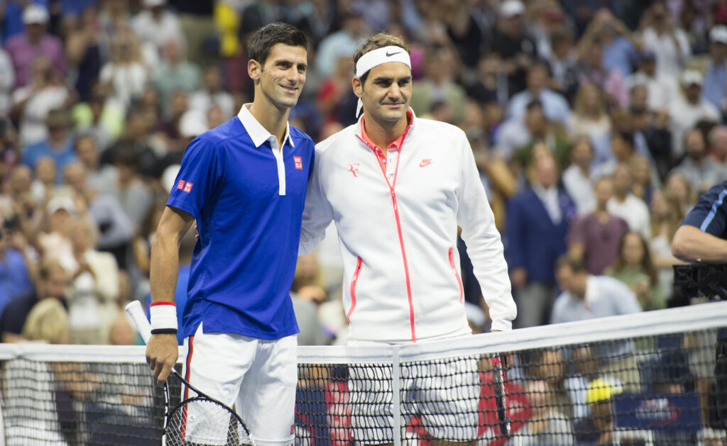 Novak Djokovic and Roger Federer pose before the 2015 US Open final