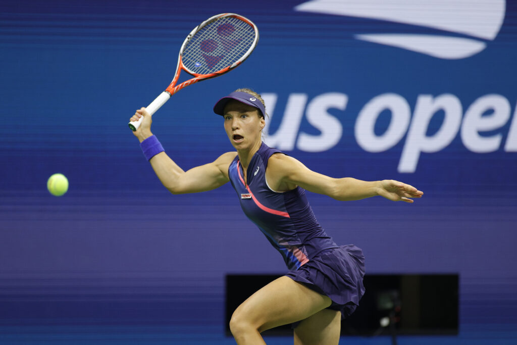 Viktorija Golubic of Switzerland returns a shot against Bianca Andreescu of Canada during her Women's Singles first round match on Day Two of the 2021 US Open at the Billie Jean King National Tennis Center.