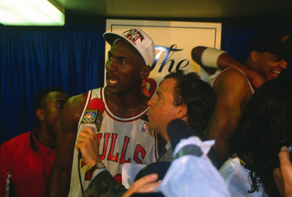 Michael Jordan speaks to the media after game six of the 1992 NBA Finals