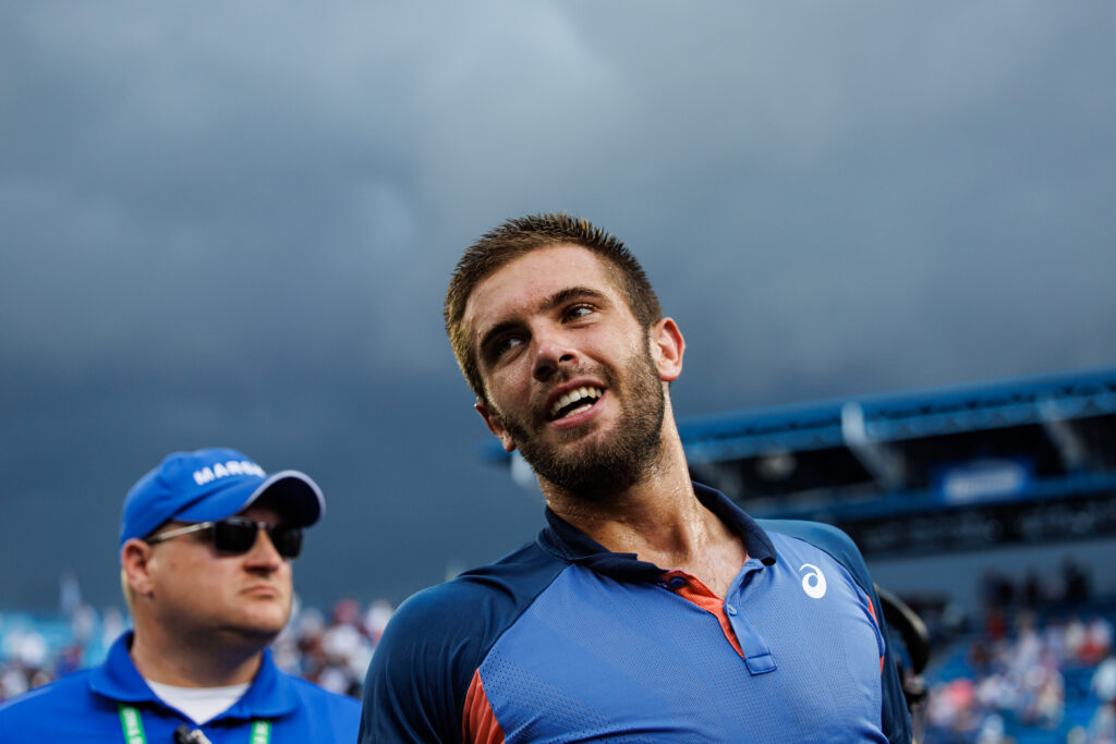 Borna Coric celebrates his win over Stefanos Tsitsipas in the 2022 Cincinnati Open final