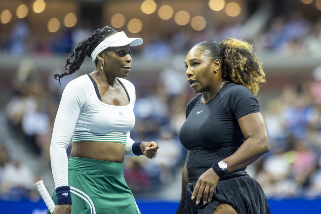 Serena Williams and Venus Williams of the United States during their Women's Doubles match on Arthur Ashe Stadium against Lucie Hradecka and Linda Noskova of the Czech Republic during the US Open Tennis Championship 2022 at the USTA National Tennis Centre.