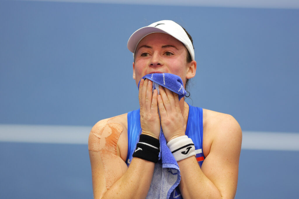 Tamara Zidansek of Team Slovenia reacts during the Billie Jean King Cup Finals group stage match between Kazakhstan and Slovenia at Estadio de La Cartuja.