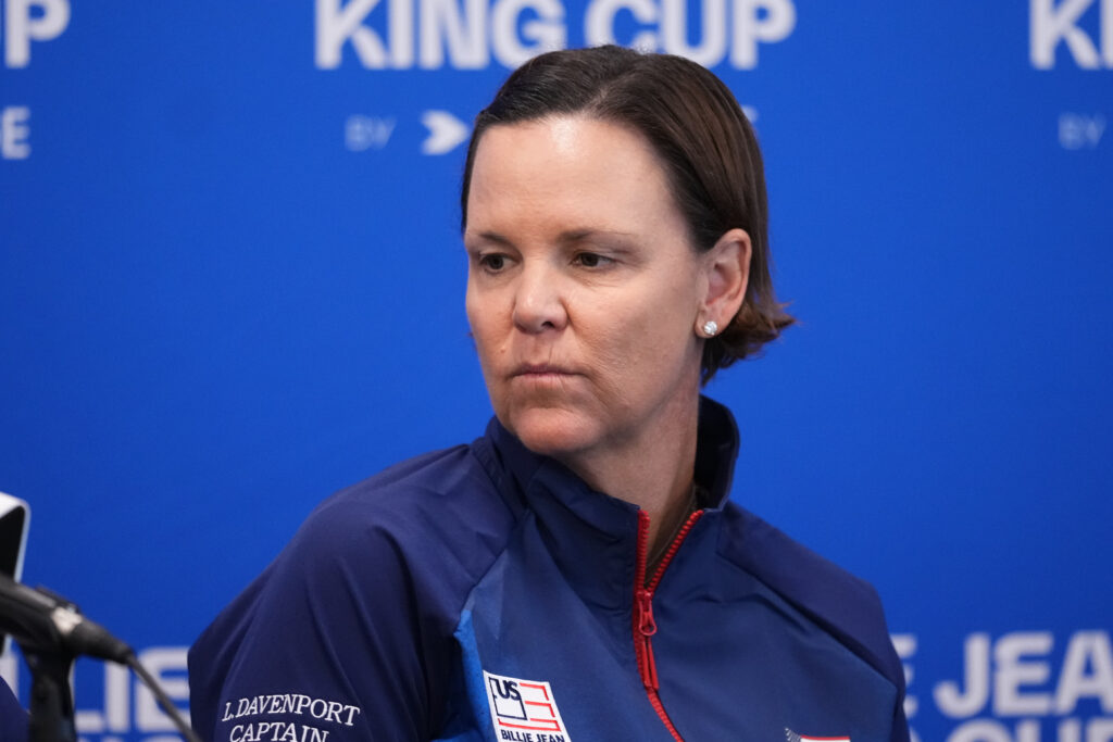 Lindsay Davenport captain of Team USA speaks to the press after the draw for the Billie Jean King Cup Qualifier match between USA and Belgium at USTA National Campus.