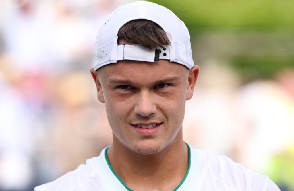 Holger Rune of Denmark during his three set victory against Cameron Norrie of Great Britain during the Giorgio Armani Tennis Classic at The Hurlingham Club.