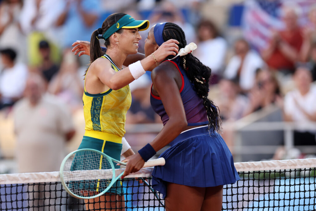 Coco Gauff and Alja Tomljanovic embrace after their match at the Tennis - Olympic Games Paris 2024: Day 2