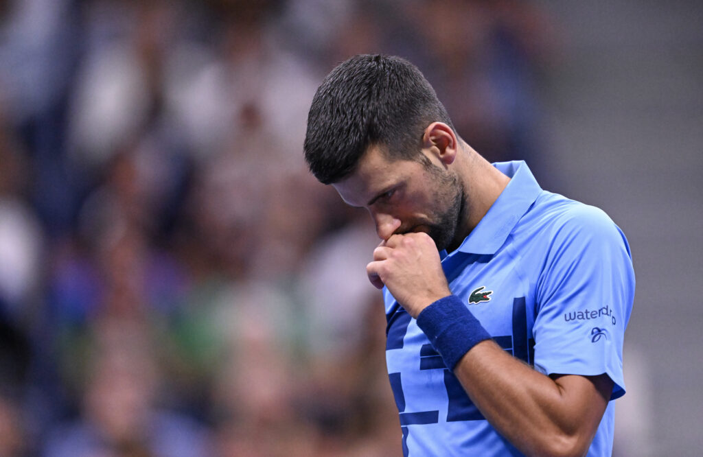 Novak Djokovic reacts during the third round at the 2024 US Open.