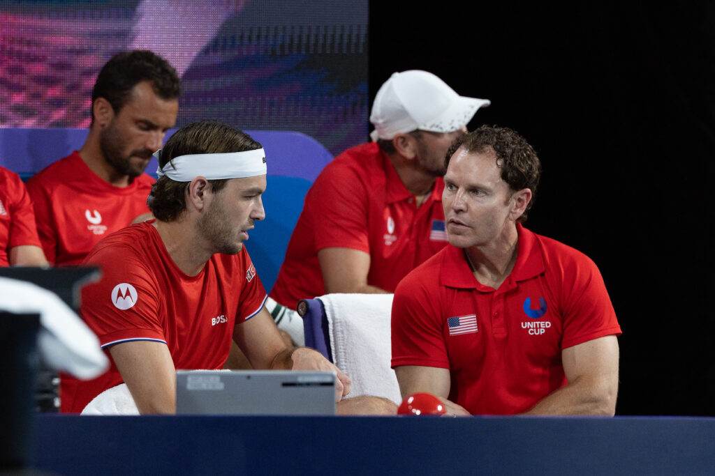 Taylor Fritz and Michael Russell in conversation at the 2025 United Cup