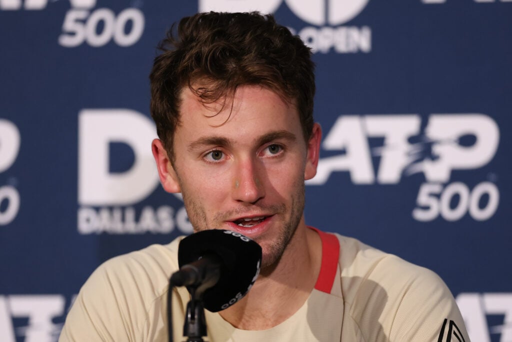 Casper Ruud of Norway answers questions during a press conference after the Men's Singles Semifinals match against Jaume Munar of Spain during day six of the 2025 Dallas Open at The Ford Center.