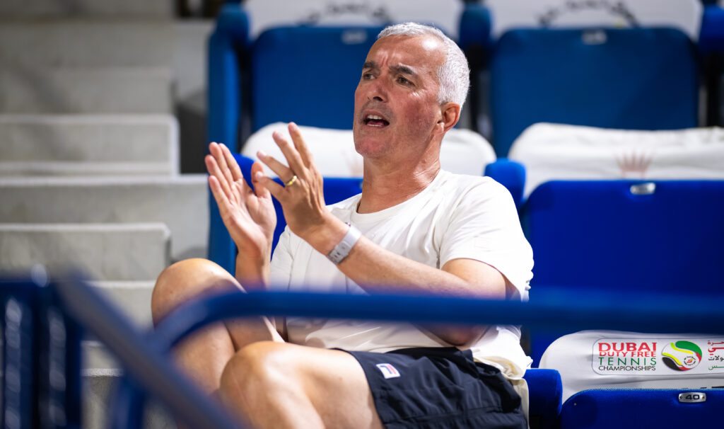 Davide Sanguinetti cheers on Elena Rybakina of Kazakhstan in the quarter-final on Day Five of the Dubai Duty Free Tennis Championships, part of the Hologic WTA Tour at Dubai Duty Free Tennis Stadium.