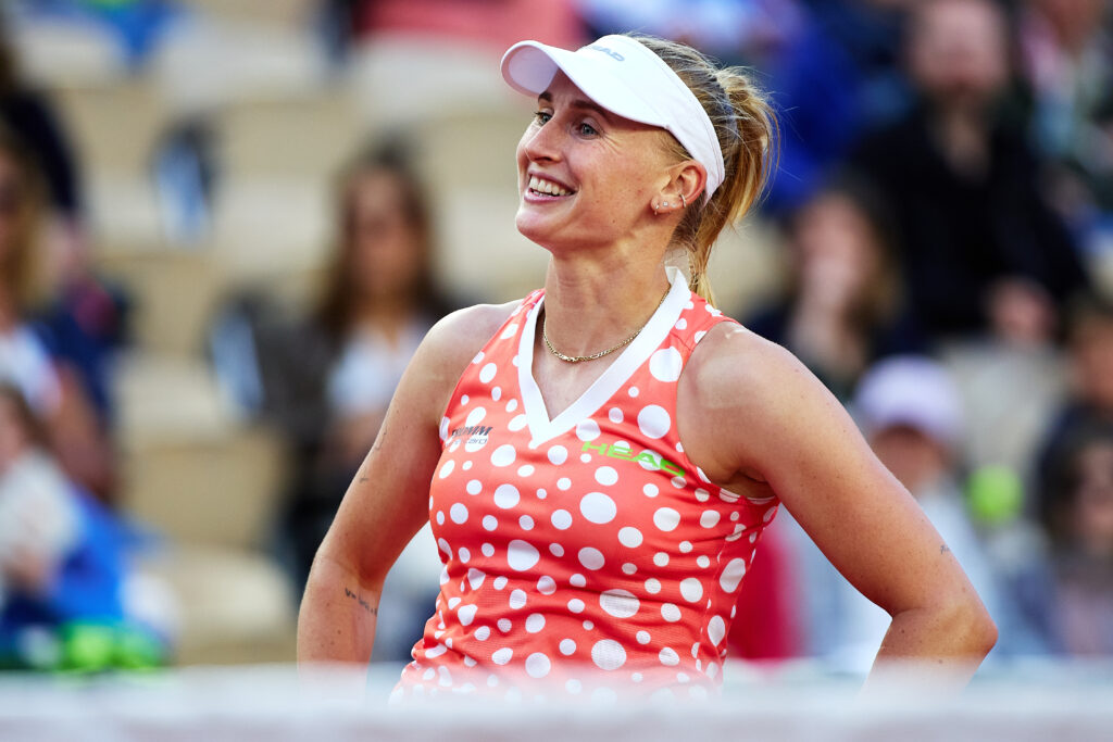 Jil Teichmann reacts during her match with Aryna Sabalenka at the 2025 French Open