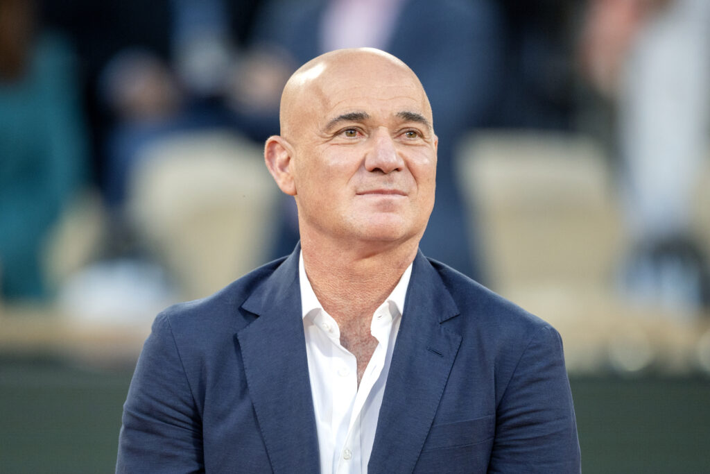Andre Agassi, who presented the trophies to Jannik Sinner of Italy and Carlos Alcaraz of Spain after the Final of the Men's singles competition on Court Philippe-Chatrier during the 2025 French Open Tennis Tournament at Roland Garros.