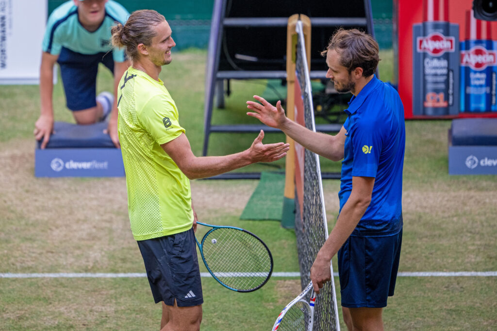 Alexander Zverev and Daniil Medvedev shake hands after their match at the Terra Wortmann Open 2025