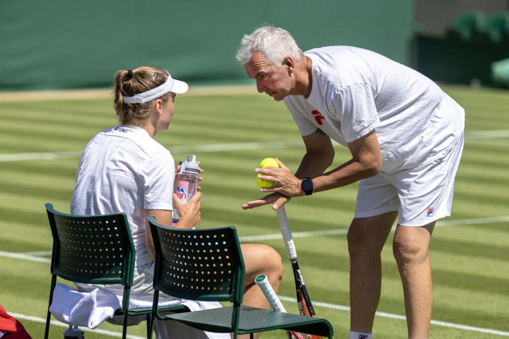 Elena Rybakina with coach Davide Sanguinetti while training in preparation for the Wimbledon Lawn Tennis Championships at the All England Lawn Tennis and Croquet Club at Wimbledon.