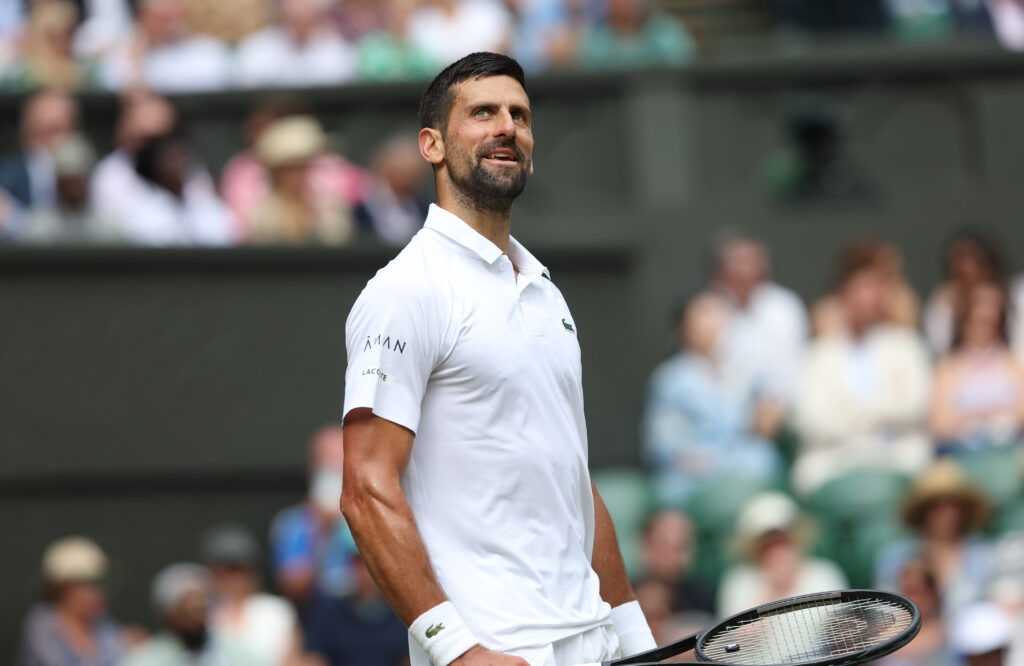 Novak Djokovic during his Gentlemen's Singles Fourth Round match against Alex de Minaur during day eight of The Championships Wimbledon 2025 at All England Lawn Tennis and Croquet Club.