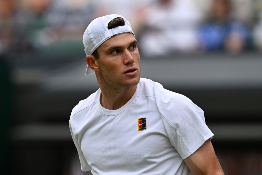 Jack Draper looks on during his defeat to Marin Cilic at Wimbledon in 2025