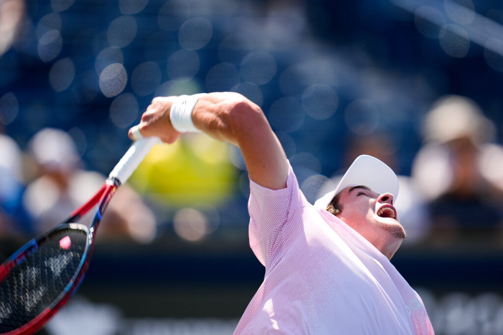 Joao Fonseca serving at the Canadian Open in 2025.