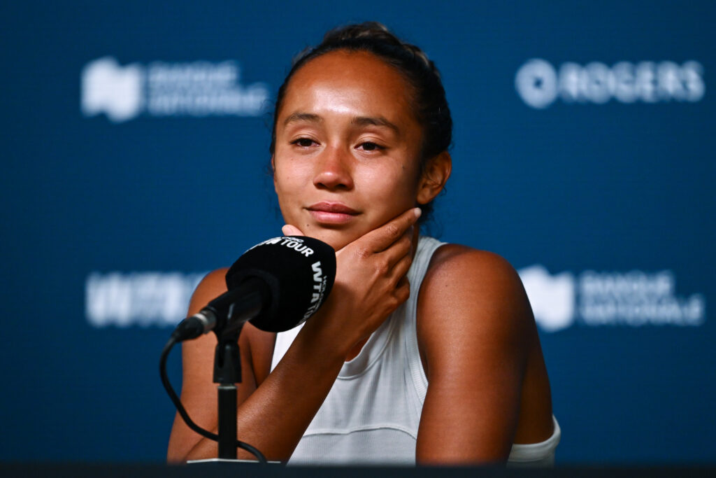 Leylah Fernandez answers questions during a press conference at the 2025 Canadian Open