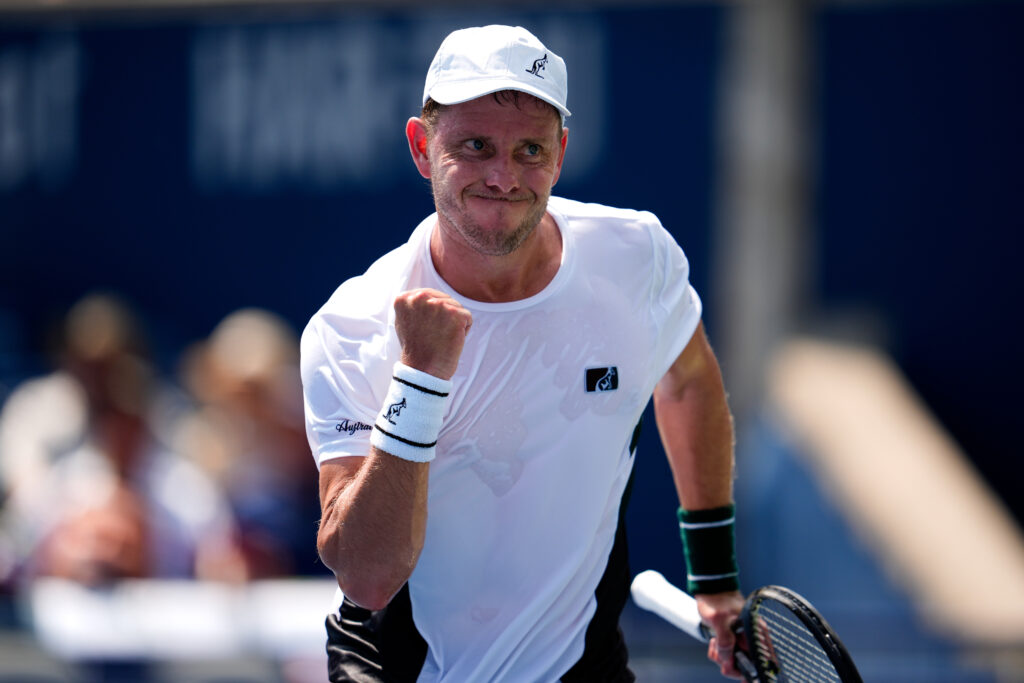 James Duckworth celebrates a point against Lorenzo Musetti at the 2025 Canadian Open