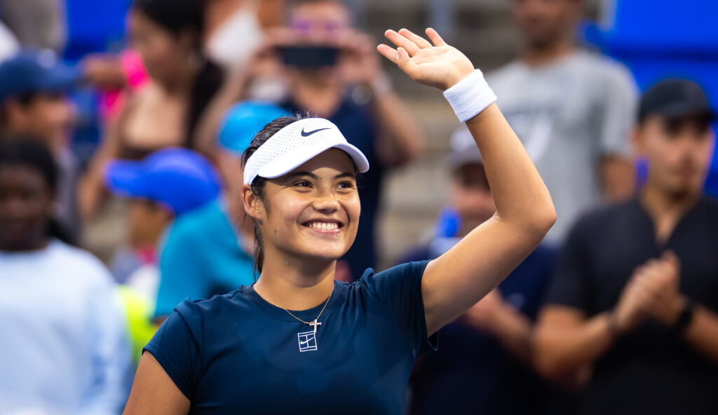 Emma Raducanu celebrates her second-round win over Peyton Stearns at the 2025 Canadian Open