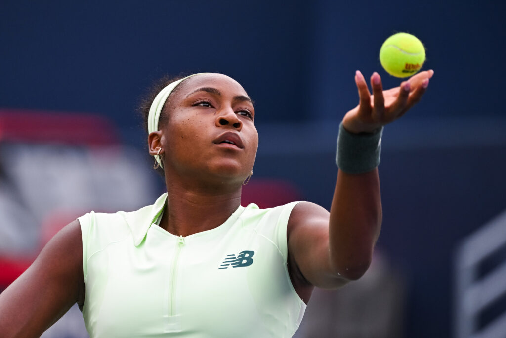 Coco Gauff serving at the 2025 Canadian Open