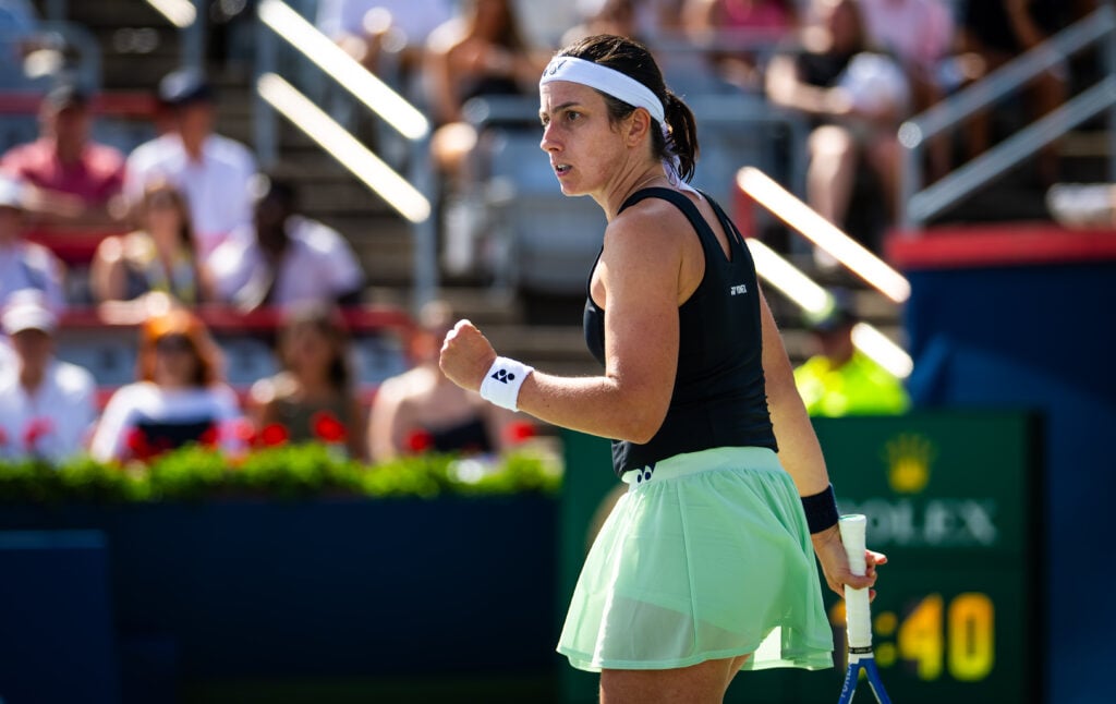 Anastasija Sevastova celebrates during her win over Jessica Pegula at the 2025 Canadian Open
