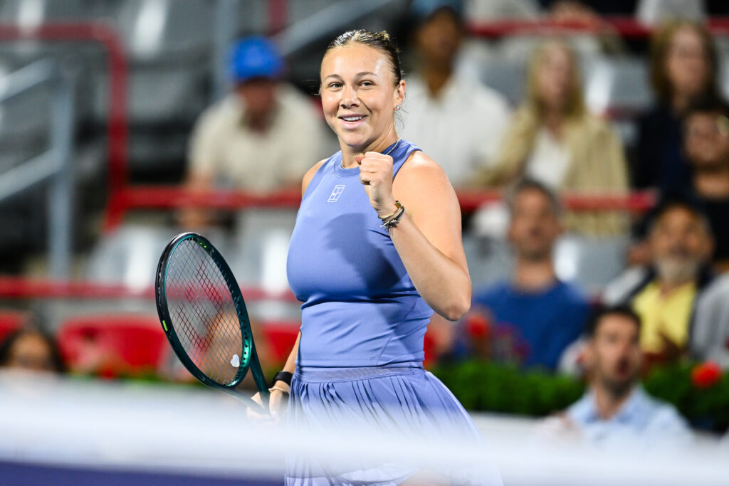 Amanda Anisimova celebrates winning a point against Emma Raducanu at the WTA 1000 National Bank Open presented by Rogers 2025