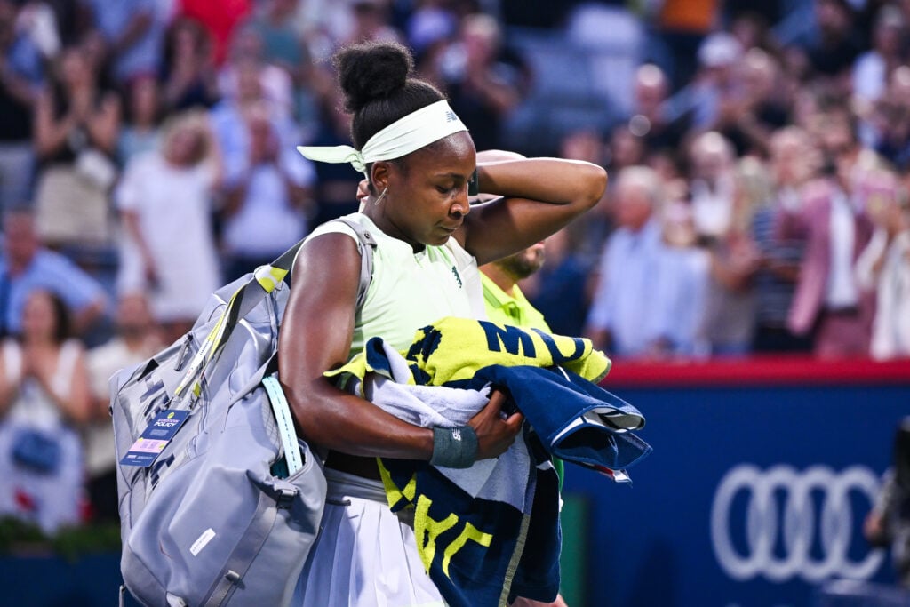 Coco Gauff of the United States walks off the court after her loss to Victoria Mboko of Canada during their fourth round singles women's match on Day Seven of the WTA 1000 National Bank Open at IGA Stadium.