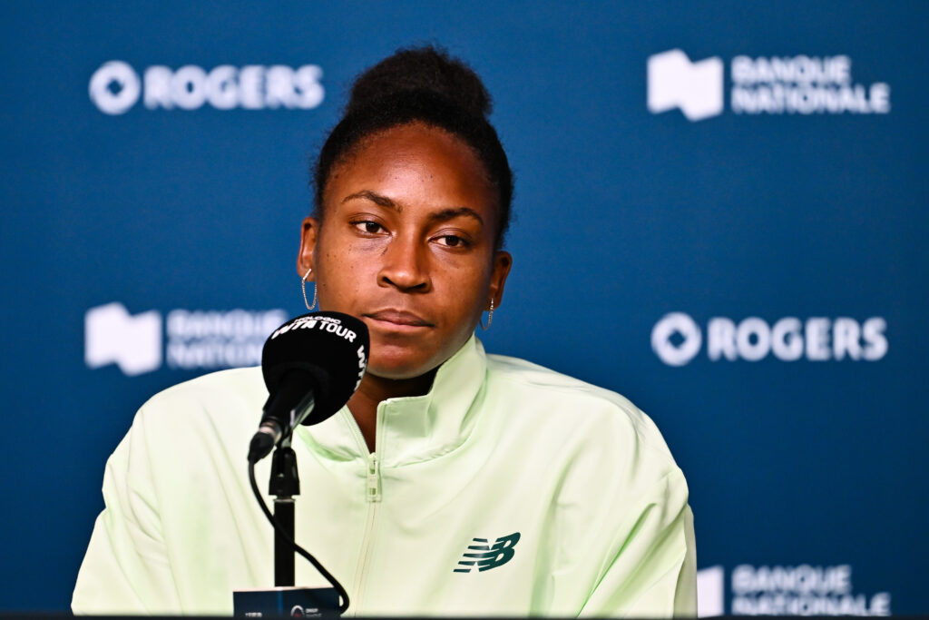 Coco Gauff of the United States addresses the media after her loss against Victoria Mboko of Canada during their fourth round singles women's match on Day Seven of the WTA 1000 National Bank Open at IGA Stadium.