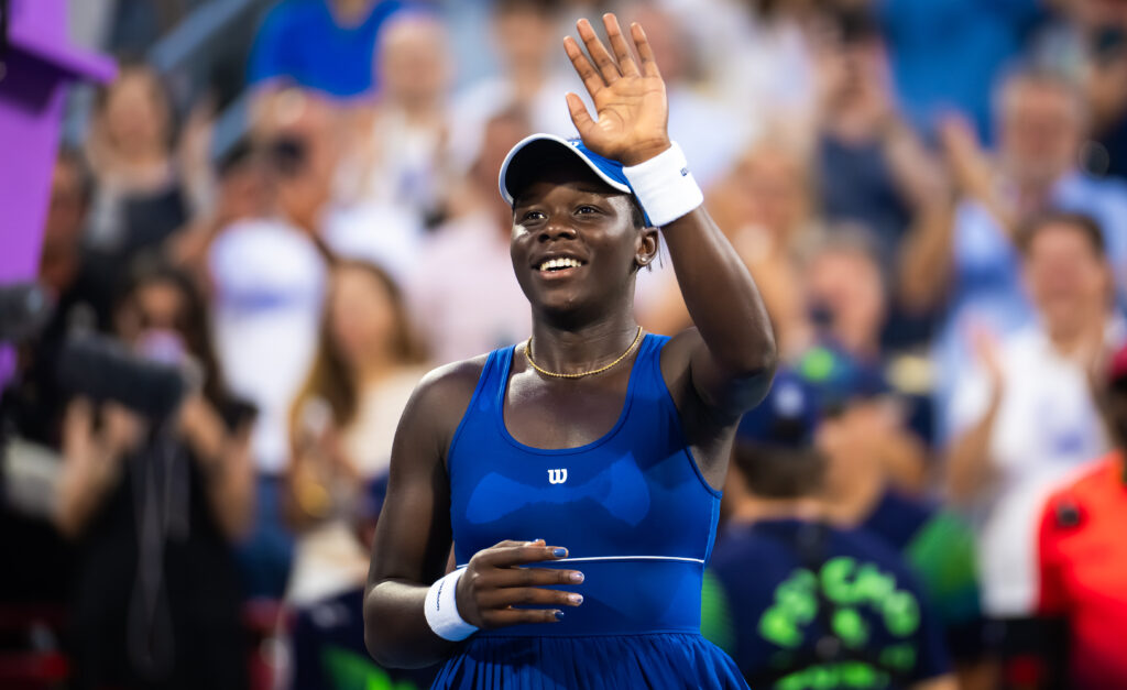 Victoria Mboko of Canada reacts to defeating Coco Gauff of the United States in the fourth round of the National Bank Open at Stade IGA.