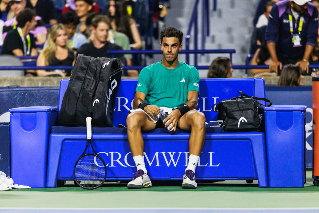 Francisco Cerundolo is seen during a break in his match with Alexander Zverev at the Canadian Open.