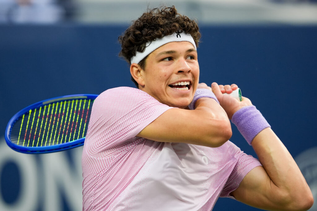 Flavio Cobolli of Italy in action against Ben Shelton of the United States on day nine of the 2025 National Bank Open at Sobeys Stadium in Toronto.