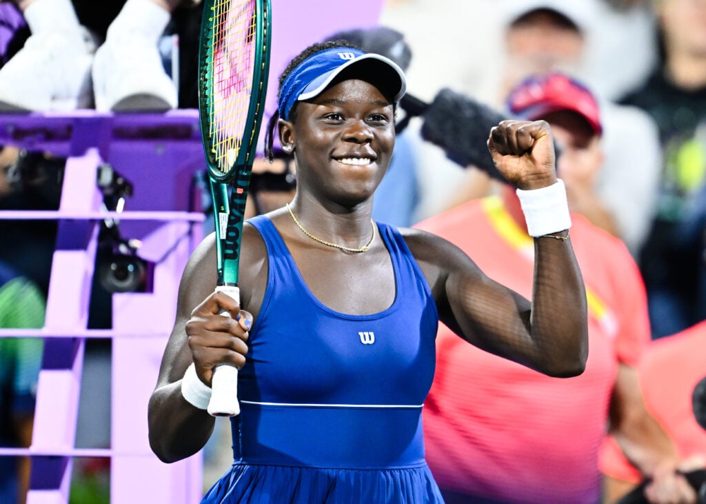 Victoria Mboko of Canada celebrates a victory against Jessica Bouzas Maneiro of Spain during their quarterfinals singles women's match on Day Nine of the WTA 1000 National Bank Open at IGA Stadium.