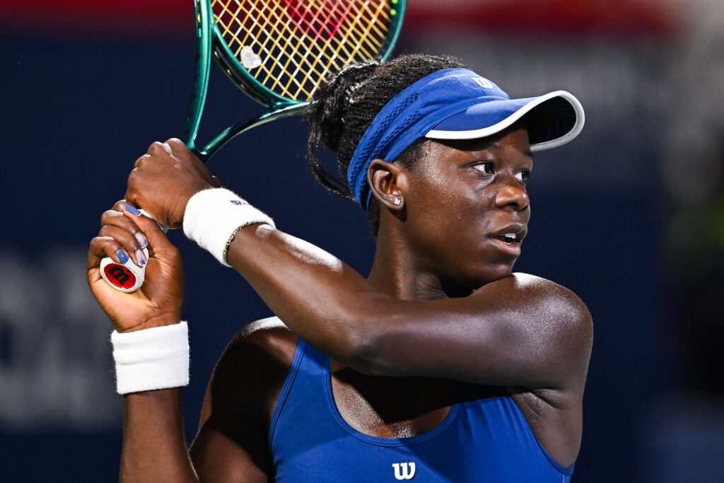 Victoria Mboko tracks a shot during her quarterfinal win at the 2025 Canadian Open