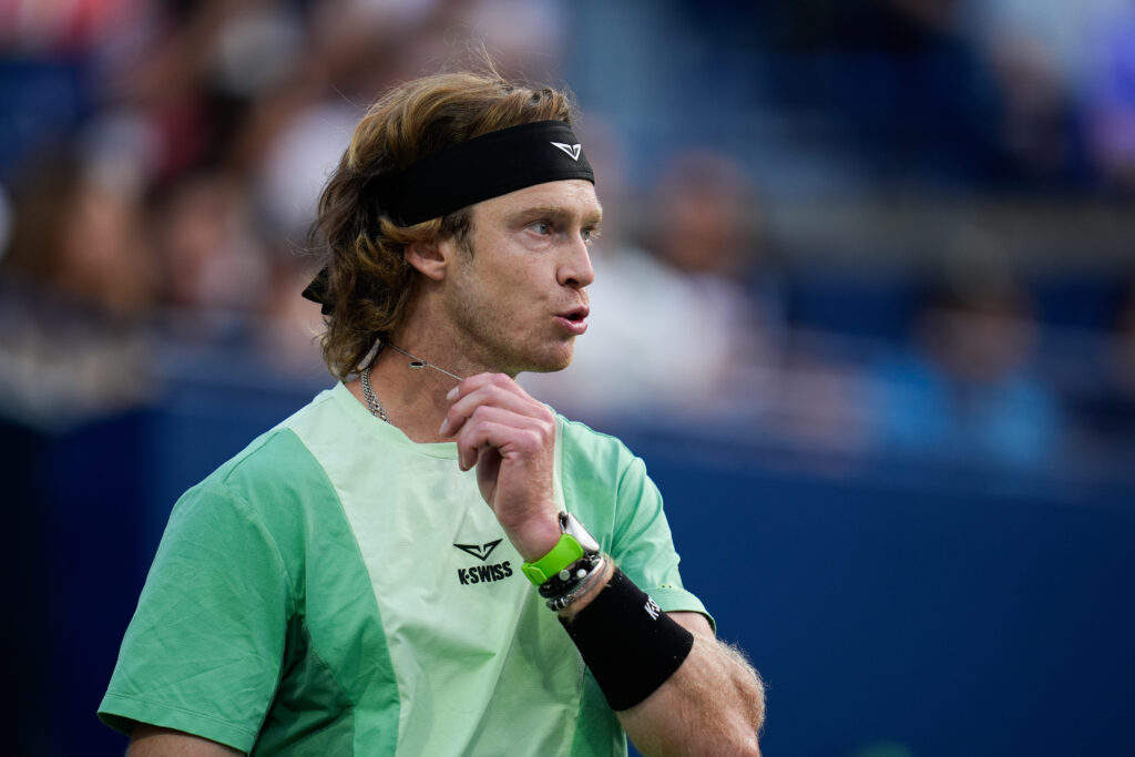 Andrey Rublev reacts during his defeat to Taylor Fritz in the 2025 Canadian Open quarterfinals