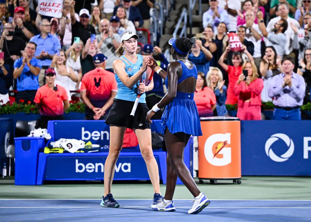 Elena Rybakina of Kazakhstan congratulates Victoria Mboko of Canada for her victory during their semifinal singles women's match on Day Eleven of the WTA 1000 National Bank Open at IGA Stadium.