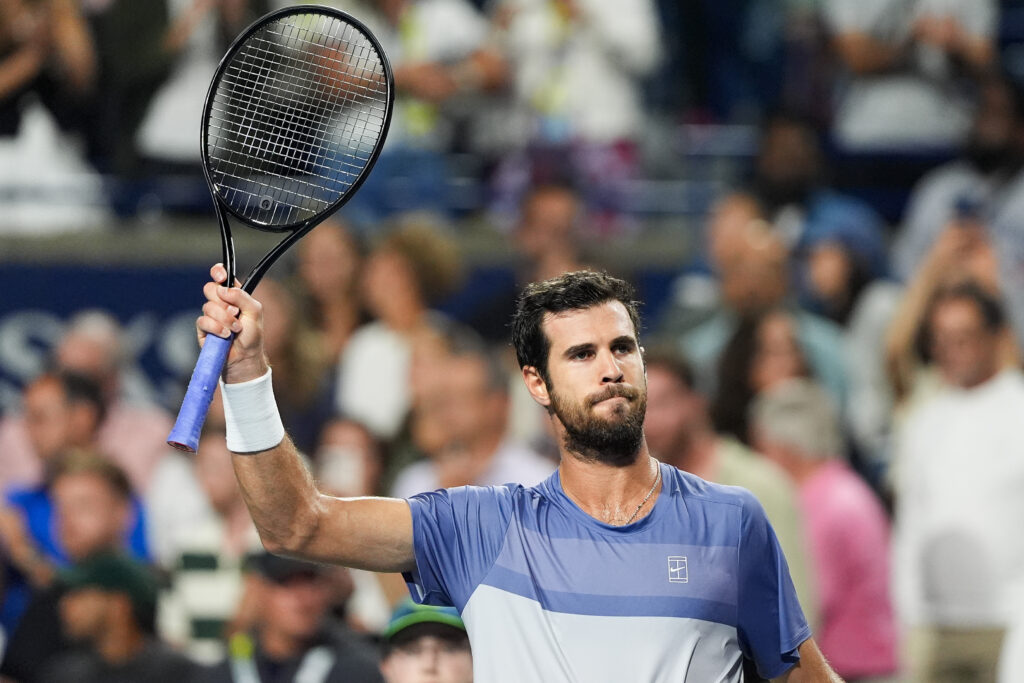 Karen Khachanov celebrates after winning the men's singles semifinals against Alexander Zverev of Germany on day twelve of the 2025 National Bank Open at Sobeys Stadium.